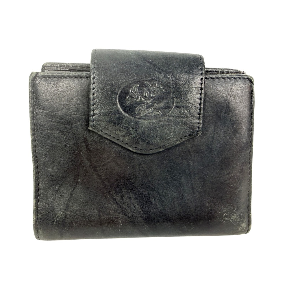 Buxton Womens Black Leather Bifold Wallet Kiss Lock Coin Pouch Vintage - BH